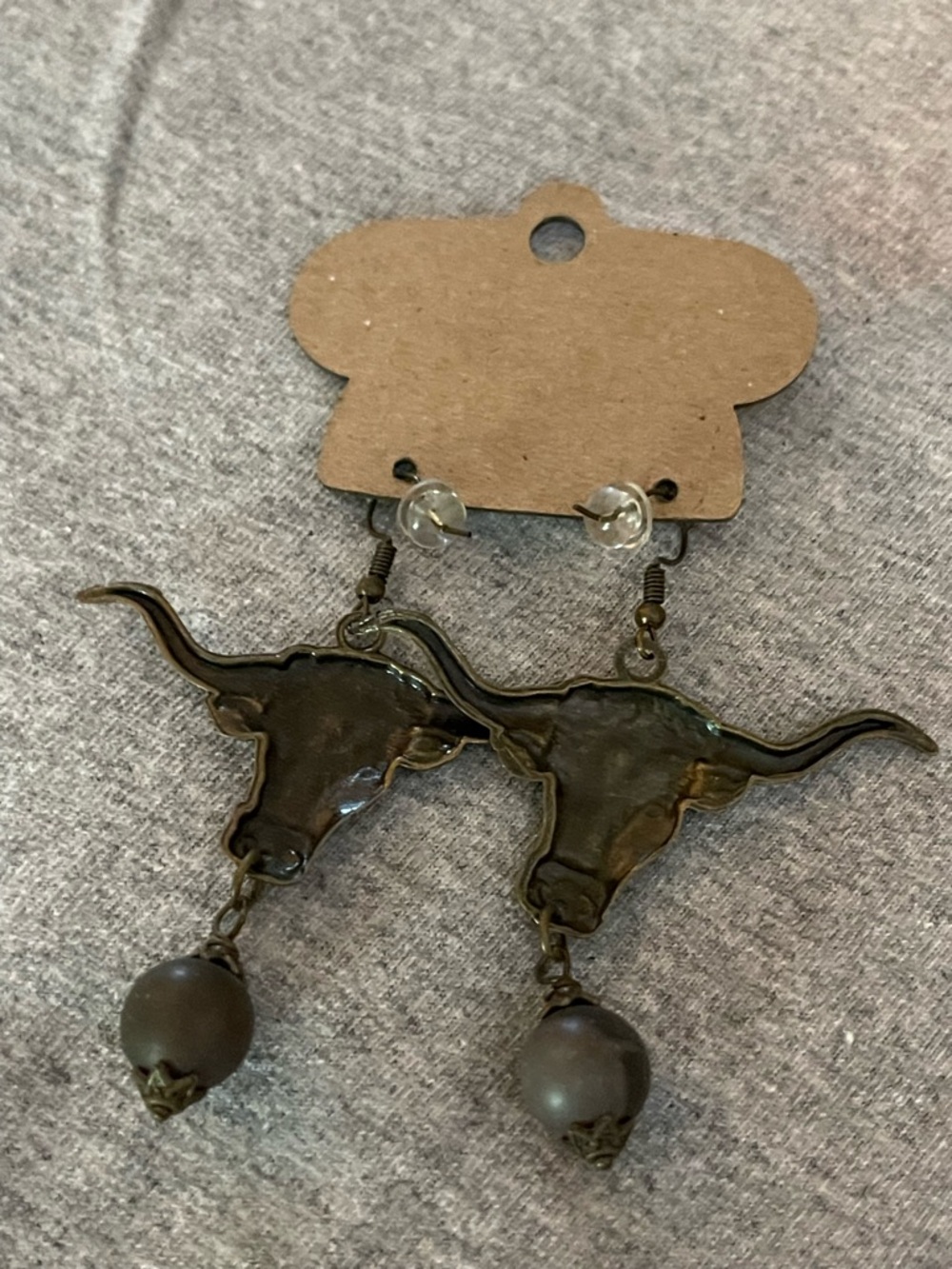 Antique Brass Longhorn Earrings with Brown Beads - Picture 2 of 2